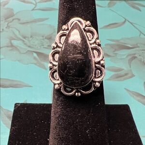 Black Onyx Teardrop Ring with silver overlay size 6 1/2